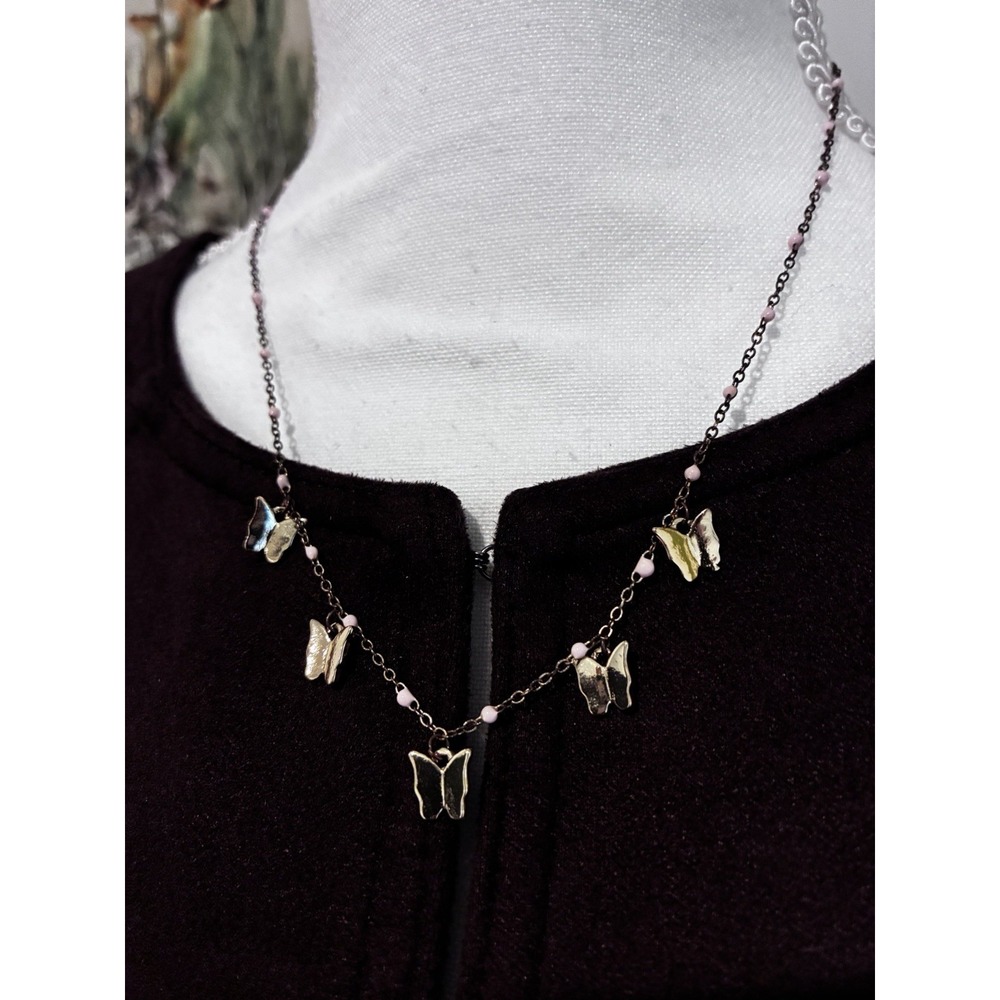 Y2K Butterfly Charm Necklace Pink Beads Gold Tone Dangle Boho